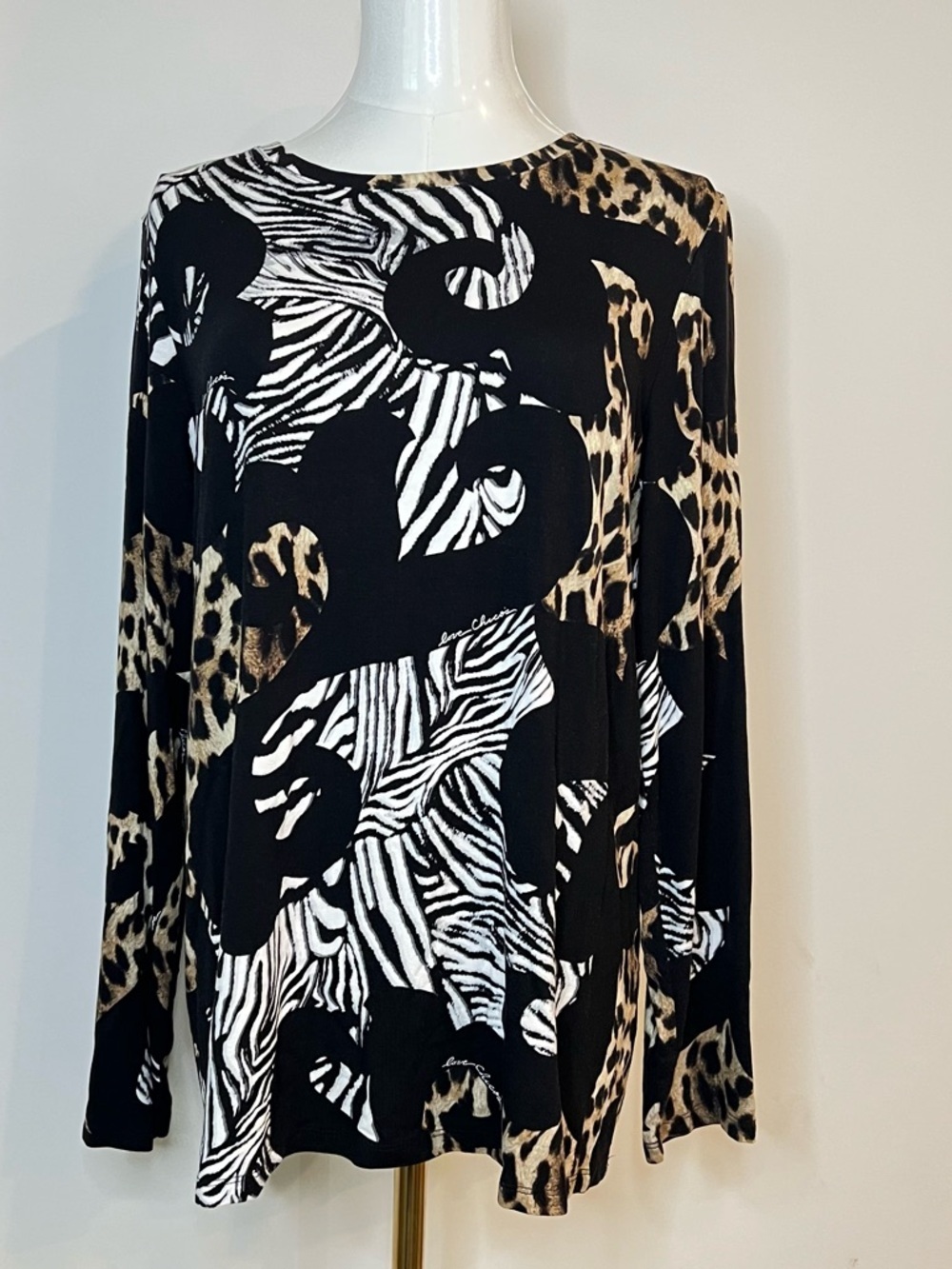 CHICO'S Touch of Cool Mixed Animal Layering Tee Long Sleeve Black Multi Womens L